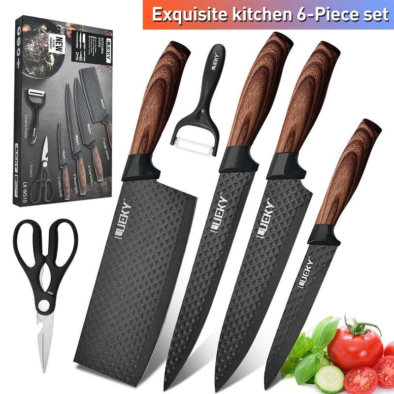 6Pcs Kitchen Knives Set Non-Stick Stainless Steel Chef Knife Cleaver Cooking Kit, Japanese Damascus Pattern Steel Chef Knife Kitchen Knives