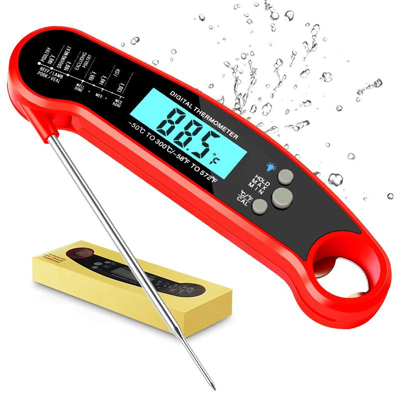 PENELII Digital Meat Thermometer - Instant Read with Backlight & Calibration, Magnet, Bottle Opener - Waterproof Digital Food Probe for Kitchen, Food, BBQ, Grill, Deep Fry, Baking, Candy, Indoor, and Outdoor Cooking (Red)