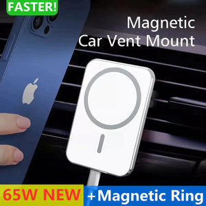 65W Magnetic Fast Wireless Charger & Car Air Vent Phone Holder for iPhone 12/13/14 Pro Max & More