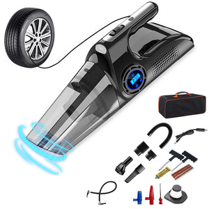 Wireless Portable Car Vacuum and Tire Inflator with Digital Pressure Gauge, LED Light, HEPA Filter, and Tire Repair Tool