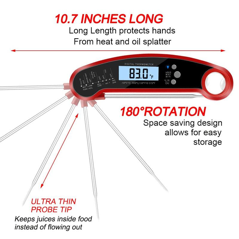 PENELII Digital Meat Thermometer - Instant Read with Backlight & Calibration, Magnet, Bottle Opener - Waterproof Digital Food Probe for Kitchen, Food, BBQ, Grill, Deep Fry, Baking, Candy, Indoor, and Outdoor Cooking (Red)