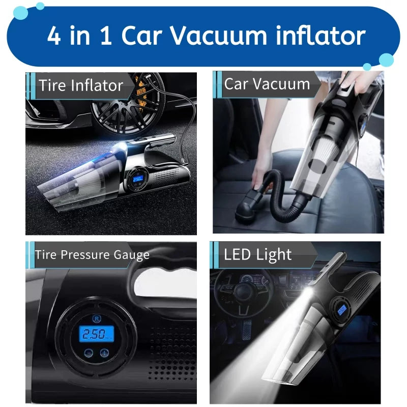 Wireless Portable Car Vacuum and Tire Inflator with Digital Pressure Gauge, LED Light, HEPA Filter, and Tire Repair Tool