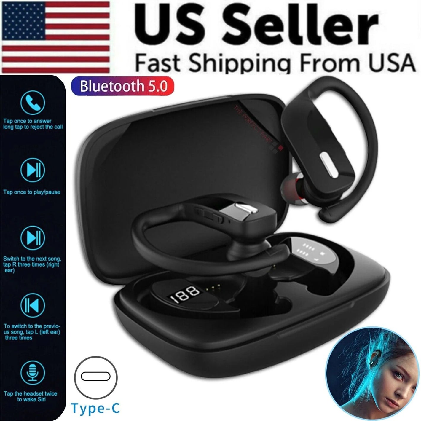 Bluetooth Headset TWS 5.0 Wireless Earphones Earbuds Headphones Stereo Ear Hook