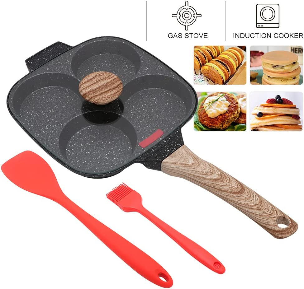 Fried Egg Pan, Egg Frying Pan with Lid Nonstick 4 Cups Pancake Pan Aluminium Alloy Cooker for Breakfast, Induction Compatible