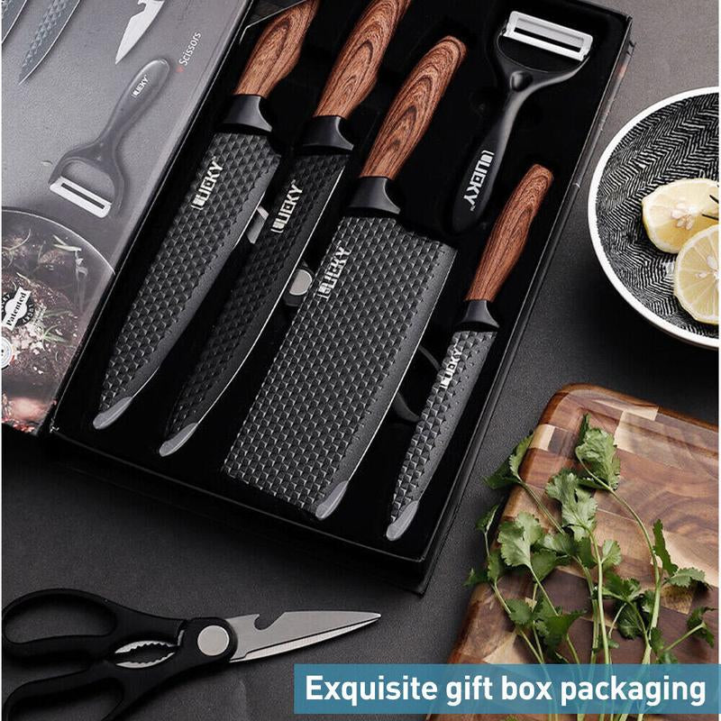 6Pcs Kitchen Knives Set Non-Stick Stainless Steel Chef Knife Cleaver Cooking Kit, Japanese Damascus Pattern Steel Chef Knife Kitchen Knives