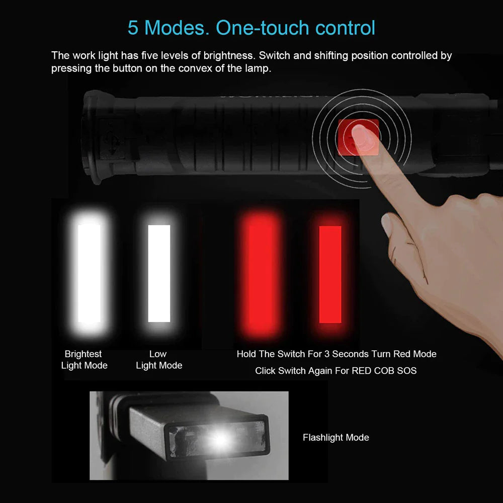 Bright & Versatile Rechargeable LED COB Work Light with Magnetic Base – Perfect for Mechanics!