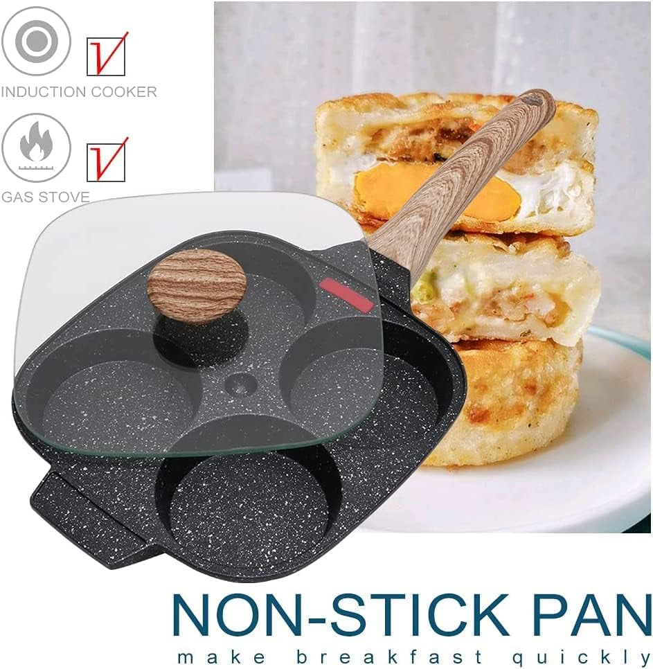 Fried Egg Pan, Egg Frying Pan with Lid Nonstick 4 Cups Pancake Pan Aluminium Alloy Cooker for Breakfast, Induction Compatible