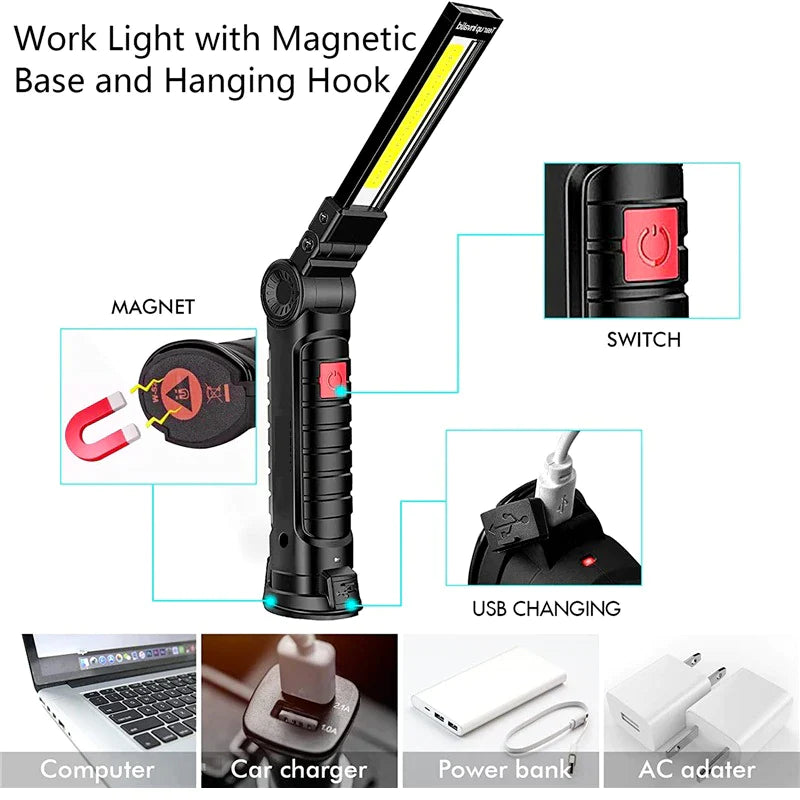 Bright & Versatile Rechargeable LED COB Work Light with Magnetic Base – Perfect for Mechanics!