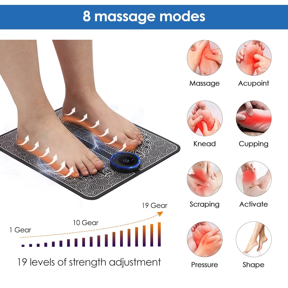 EMS Foot Massager Mat for Neuropathy-Feet Massager with Remote Control, 4 Body Pads, 2-In-1 Back Massager & Legs Foot Massage with 8 Modes, 19 Levels