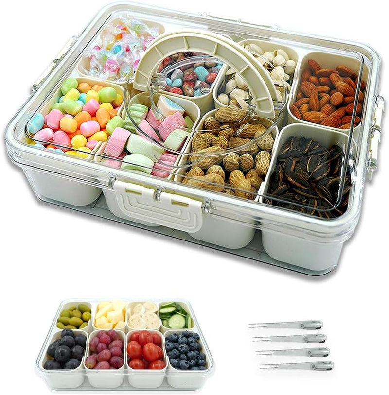 Snackle Box Container with Handle, Removable Snack Box, Divided Serving Tray with Clear Lid, Organizer for Candy, Fruits, Nuts, Charcuterie and Veggies, Perfect for Party and Entertaining