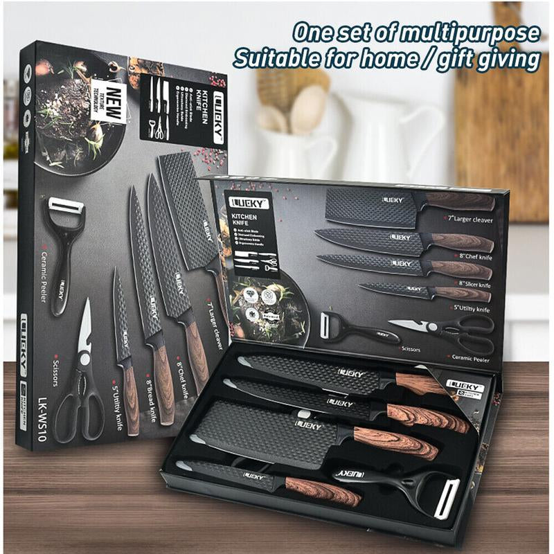 6Pcs Kitchen Knives Set Non-Stick Stainless Steel Chef Knife Cleaver Cooking Kit, Japanese Damascus Pattern Steel Chef Knife Kitchen Knives