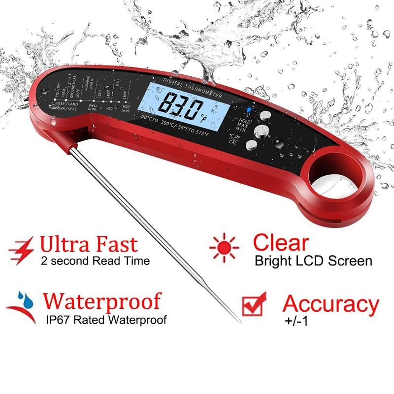 PENELII Digital Meat Thermometer - Instant Read with Backlight & Calibration, Magnet, Bottle Opener - Waterproof Digital Food Probe for Kitchen, Food, BBQ, Grill, Deep Fry, Baking, Candy, Indoor, and Outdoor Cooking (Red)