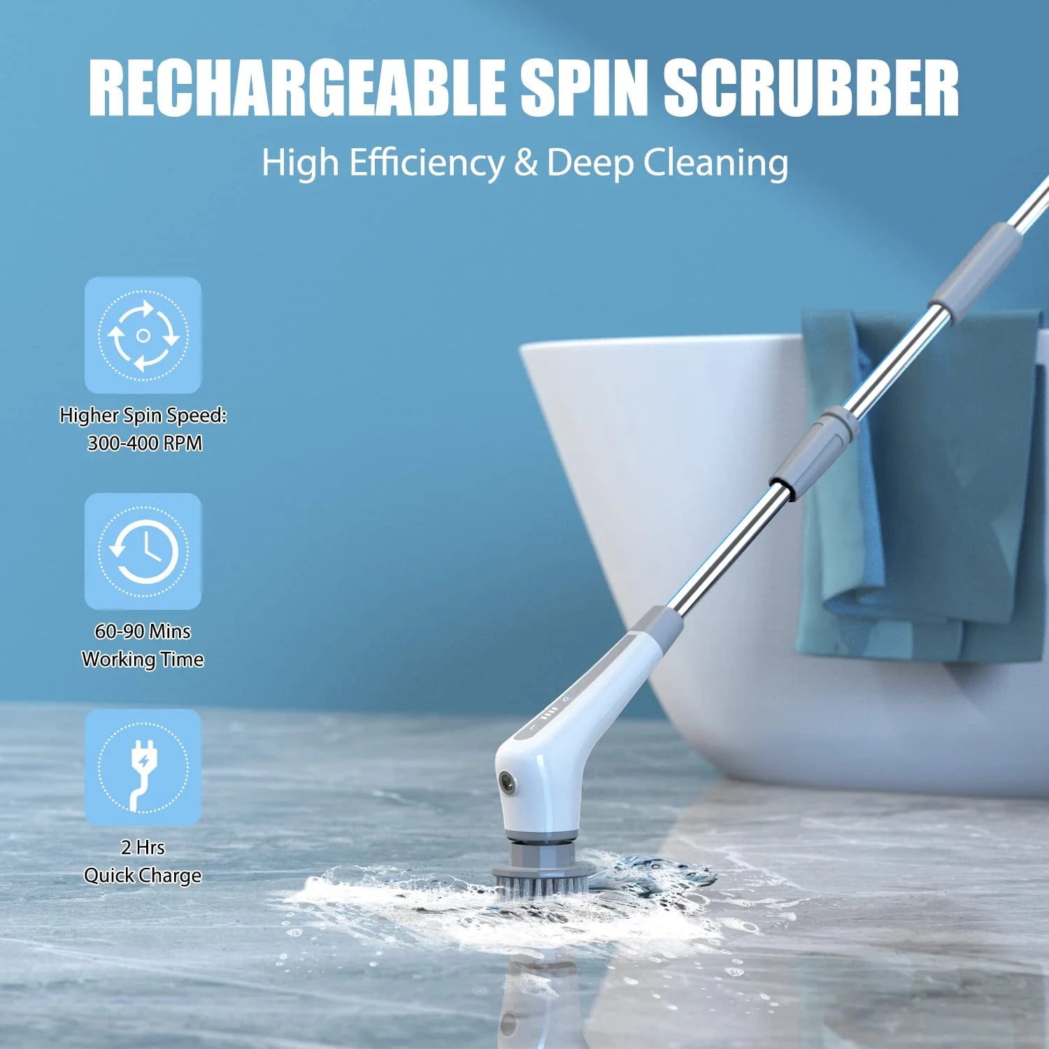 Electric Spin Scrubber, Cordless Shower Cleaner 48" ABS Cleaning Brush for Bathroom Floor