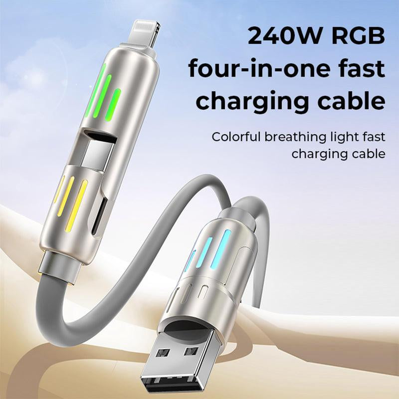 240W 4-In-1 Breathing Light with Multi USB C Combination Quick Charging Silicone Charging Cable, Suitable for Electronic Smartphones