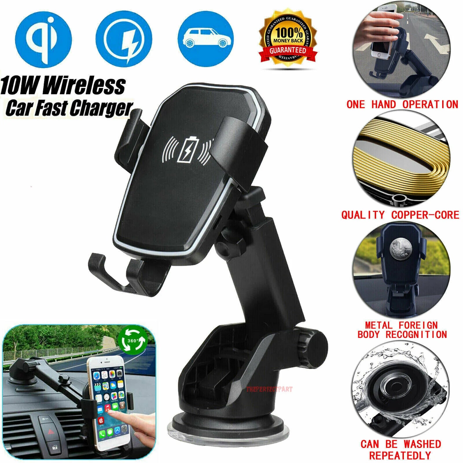 Qi Wireless Fast Charging Car Charger Mount Holder Stand 2 in 1 for Cell Phone