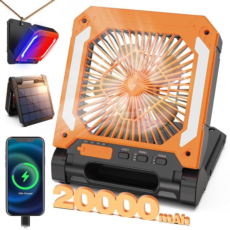 20000Mah Rechargeable Camping Fan Battery Operated Powered Fan Portable, 90° Foldable Personal USB Desk Fan with Timer/Led Light/Hanging Hook, Solar Panel Fan Handheld for Camp Power Outage Charging Fan Protection Folding Cordless Smart Fan Cleaning Brush