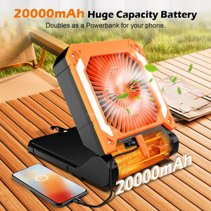 20000Mah Rechargeable Camping Fan Battery Operated Powered Fan Portable, 90° Foldable Personal USB Desk Fan with Timer/Led Light/Hanging Hook, Solar Panel Fan Handheld for Camp Power Outage Charging Fan Protection Folding Cordless Smart Fan Cleaning Brush